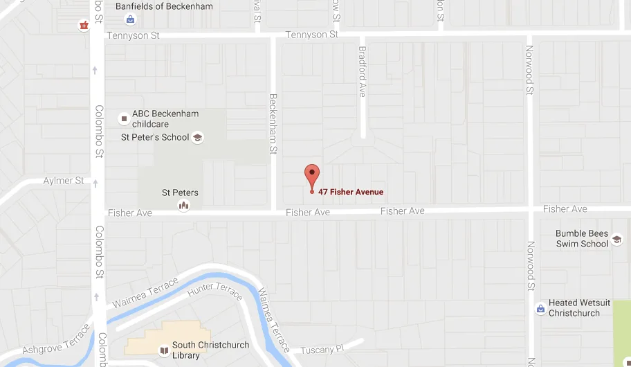 Map showing Kurt Langer's studio in Beckenham, Christchurch